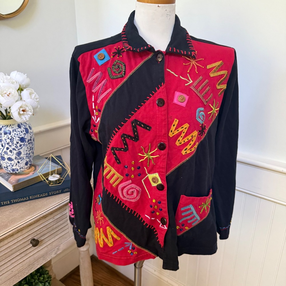 Parsley & Sage Women Medium Art to Wear Cotton Embroidered Button Front Shirt